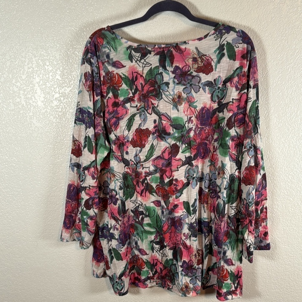 Ali Miles Multi Color Sketch Floral Side Tie 3/4 Sleeved Tee Size 2X - Picture 5 of 7